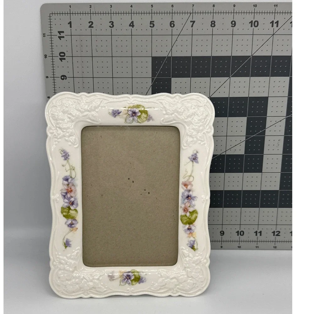Burnes of Boston Ceramic Picture Frame Purple Floral Scalloped 6.5x4.5 photo